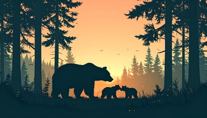 Silhouette of bears in a forest at sunset