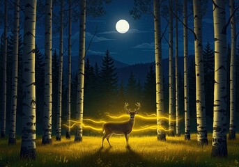 Majestic deer illuminated by golden light in a moonlit aspen grove