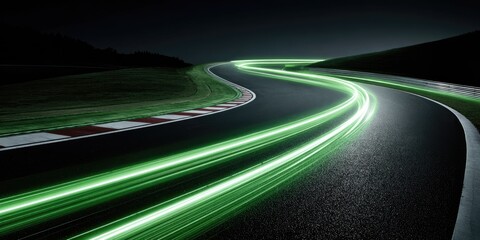 Night race track, green light trails