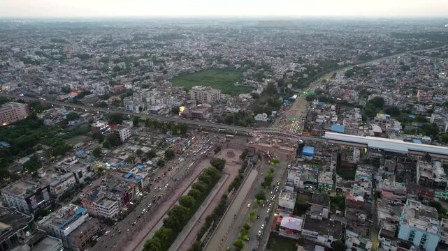 Aerial shot of a densely populated city with cars moving in streets in lucknow a city in inda