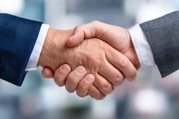 A close-up view of two business professionals shaking hands, symbolizing partnership, agreement, and collaboration in the corporate world with a blurred office background.
