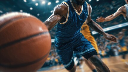 A dynamic basketball scene showcasing an athlete in motion, emphasizing speed and skill on the court amidst an energetic crowd, capturing the essence of competitive sports.