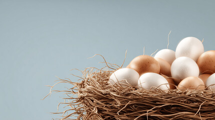 Farm Market, fresh eggs in basket with straw