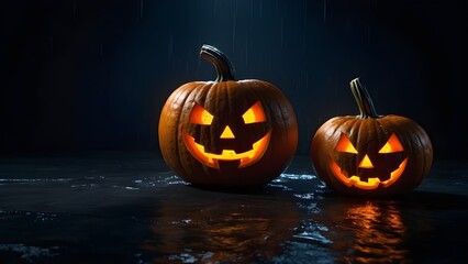 Fototapeta premium Glowing Jack O Lantern Halloween Background with Neon Light and Copy Space