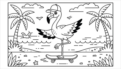 Flamingo Coloring Page Cute Cartoon Flamingo Riding Skateboard on Beach © Tania