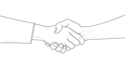 A simple line drawing of two hands shaking, symbolizing agreement, partnership, and unity in a business context. This illustration represents collaboration and mutual respect.
