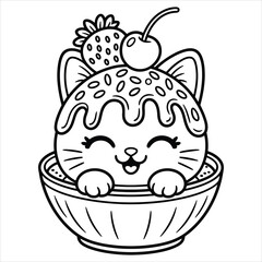 Cute Cat Coloring Page Kawaii Dessert Kitty with Ice Cream and Cherry