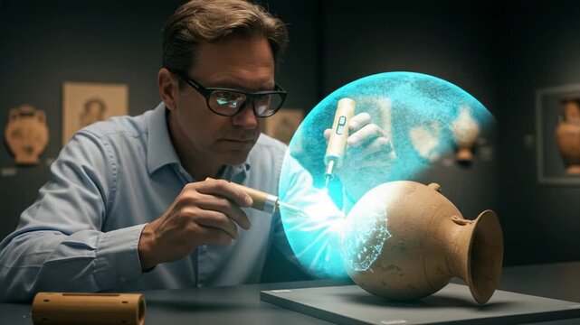 Expert examining ancient pottery in museum exhibit