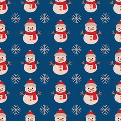 Festive Snowman Pattern Vector Illustration with Snowflakes. Cheerful snowmen wearing red hats and scarves, accompanied by white snowflakes on a blue background