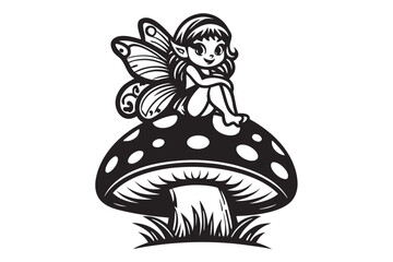 Cartoon Fairy Sitting on Mushroom with Butterfly Wings Isolated
