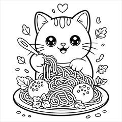 Cute Cat Eating Spaghetti Coloring Page Kawaii Kitten with Pasta and Meatballs Line Art