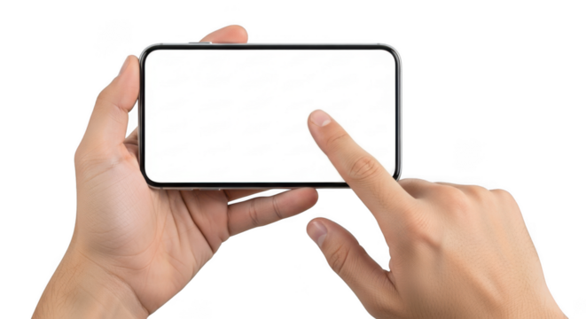 Person s hands holding and touching a modern smartphone screen isolated on transparent background
