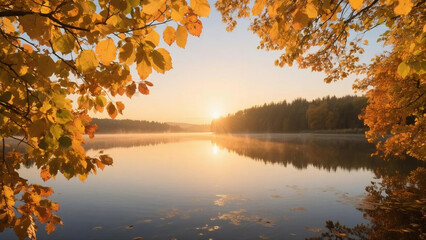 Fototapeta premium Autumn Lake Sunrise Landscape with Golden Leaves