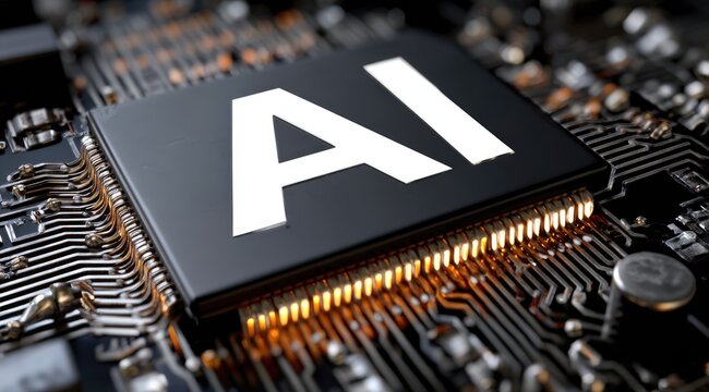 Close-up view of a modern microchip with the letters 'AI' prominently displayed, highlighting the advancements in artificial intelligence and its impact on computing technology.