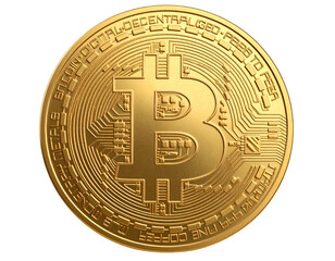 A - Golden Bitcoin Coin with Digital Circuit Engraving, Front View, Transparent PNG