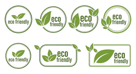 Collection of eco friendly green leaf badges and labels isolated on transparent background