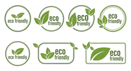 Collection of eco friendly green leaf badges and labels isolated on transparent background