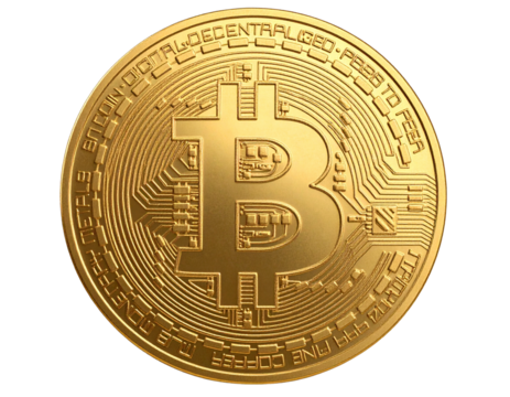A - Golden Bitcoin Coin with Digital Circuit Engraving, Front View, Transparent PNG