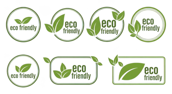 Collection of eco friendly green leaf badges and labels isolated on transparent background