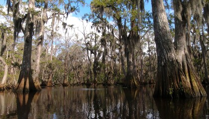 Obraz premium Cypress swamp water view, sunny day