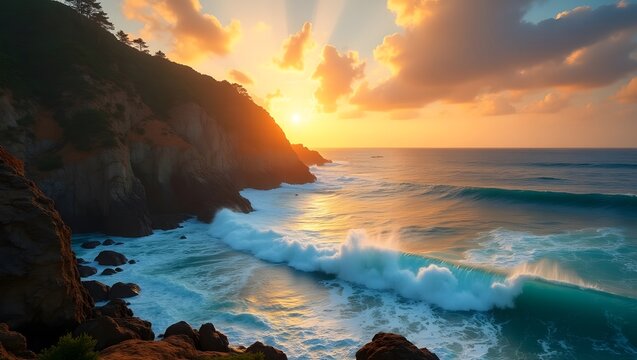 Dramatic summer landscape with coastal cliffs turquoise ocean waves and fiery sunset sky