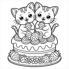 Cute Kittens with Strawberries on Cake Coloring Page Vector