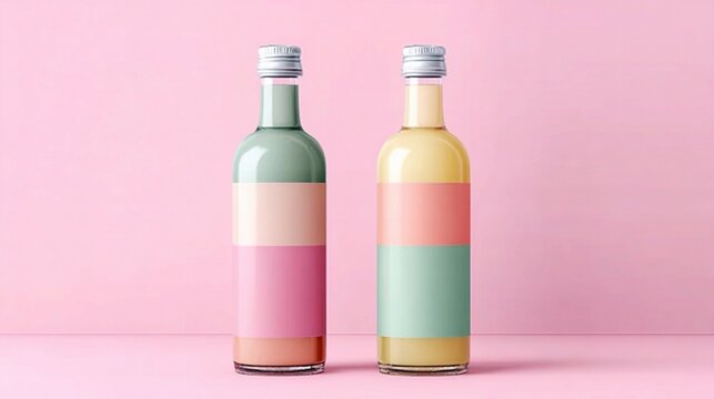 Pastel pink and mint color block label mockup bottle with mooth matte surface, minimalist background, emphasizing design and modern color palette for branding or product packaging concepts.