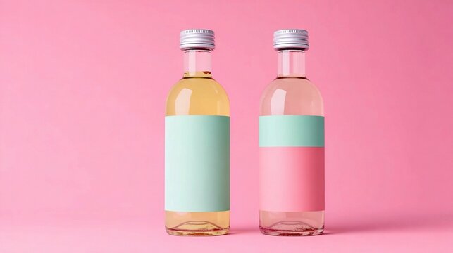 Pastel pink and mint color block label mockup bottle with mooth matte surface, minimalist background, emphasizing design and modern color palette for branding or product packaging concepts.