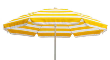 Bright yellow and white striped beach umbrella isolated on transparent background