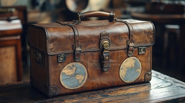 A well-worn leather suitcase features various travel stickers, showcasing an explorer lifestyle. The backdrop offers rustic charm, inviting memories of journeys and adventures.