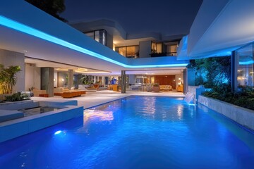 Fototapeta premium Modern luxury home at night, illuminated pool