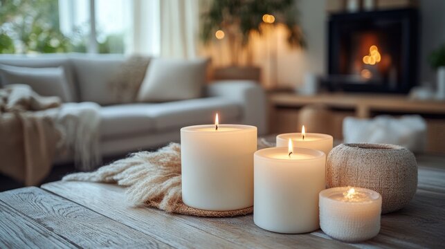 Tranquil aromatic candles with vibrant colors on a rustic wooden table during sunset in a hygge setting