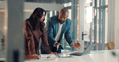 Business, people and meeting with laptop in office for accounting, finance policy and review...