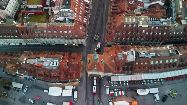 Following a tram with a drone trough the streets of Bern. From "K&auml;figtower" till "Zytgloggetower".