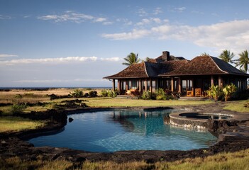 Obraz premium Tropical home with pool by ocean