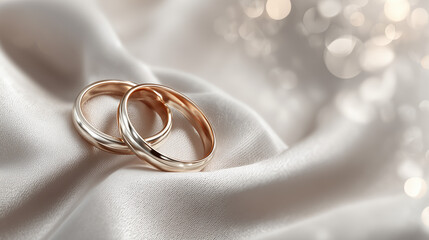 Wedding Planner, wedding rings on satin cloth, soft bokeh lights