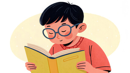 A boy with glasses is engrossed in a book in an illustration style. This image is suitable for websites and blogs about education, reading, literacy, or childhood development.

