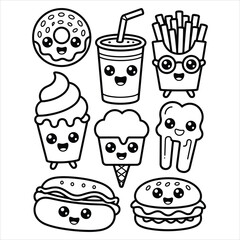 Kawaii Fast Food Coloring Page Vector. Cute Burger, Fries, Donut, Ice Cream, Hot Dog, Drink