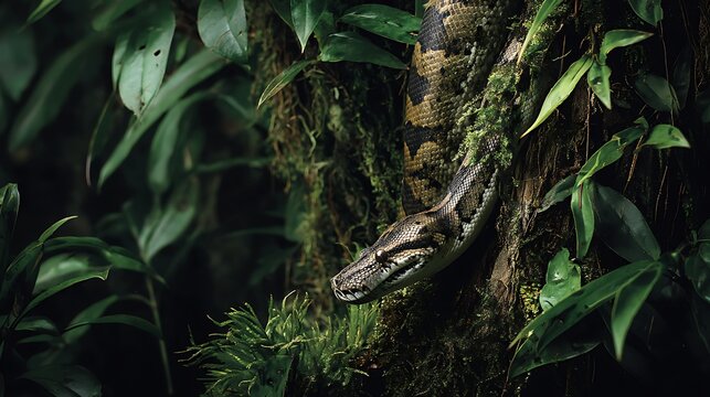 Reticulated python on a mossy tree trunk in a lush jungle environment, showcasing its intricate patterns and natural camouflage