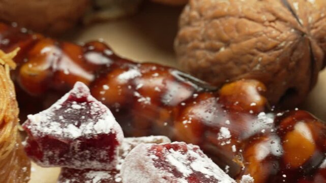 Sweet food Turkish Delight named Nut Sausage (cevizli sucuk), where the nuts are soaked in sugar syrup
