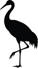 Fototapeta premium Silhouette of a tall crane bird standing on one leg, black against white background.