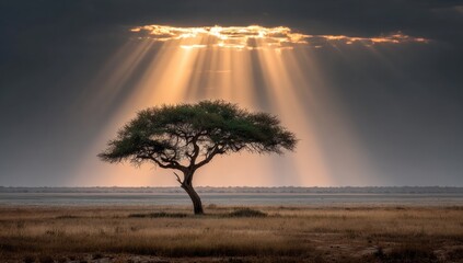 Lone acacia tree bathed in golden light
