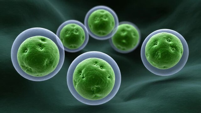 Microscopic view of green algae cells with textured surface, enclosed in transparent membranes, moving against a dark green background, creating a scientific and biological visual