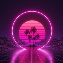 Fototapeta premium Neon ring framed retro sunset scene with palm trees, digital landscape