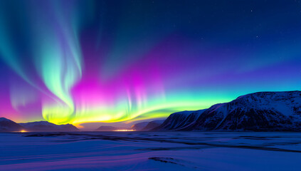 Naklejka premium Aurora Natural Night landscape Outdoor sky landscape Serene scene illustration