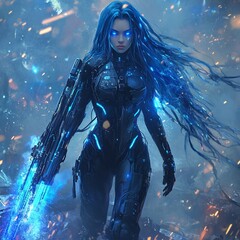 Cyborg Woman with Futuristic Battle.