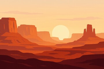 Majestic Desert Landscape at Sunset shows iconic silhouettes and sandstone buttes painted in warm, earthy tones as the sun dips behind the horizon creating visual harmony.