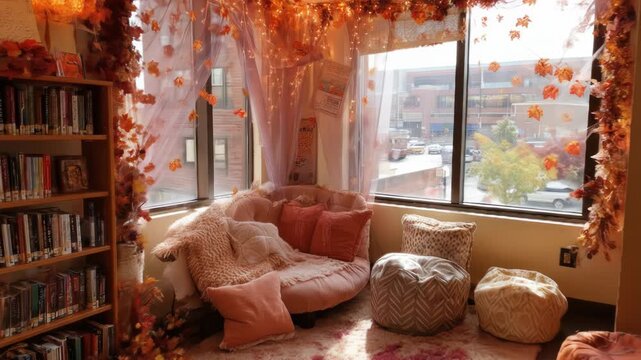 A cozy library corner, decorated for autumn. Features a plush sofa and beanbags by a window overlooking a city, amidst bookshelves