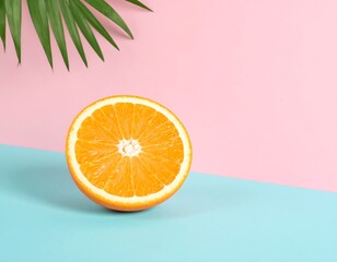 Orange slice on pastel background with palm leaf