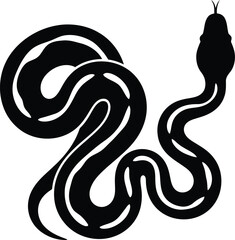 Fototapeta premium A striking black silhouette of a coiled snake with its head raised and forked tongue extended, set against a white background.